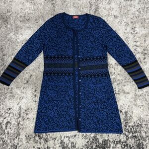 Oleana Norway Blue Floral Knit Coatigan | Merino Wool Silk | Knee Length